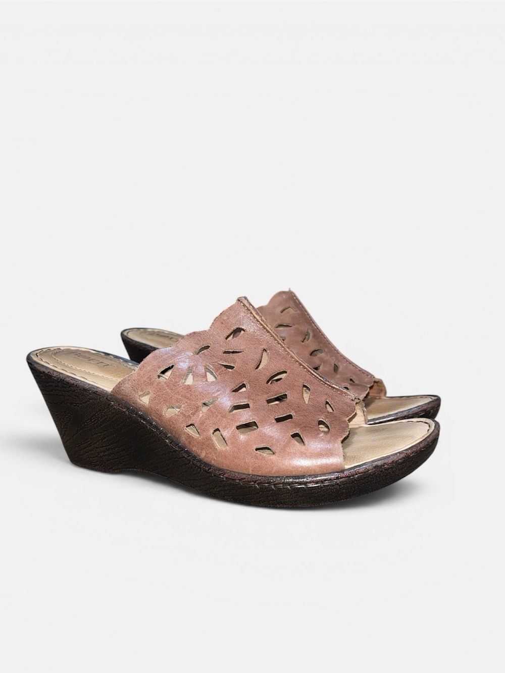 Børn Leather Laser Cut Wedge Slide Sandals Boho Comfort Size 8 - Picture 2 of 9